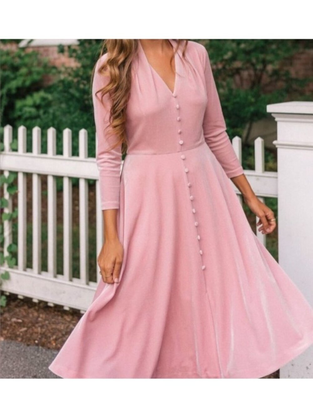 Gal Meets Glam Joy Pink Velvet Pinup Retro V Neck Midi Shift Dress